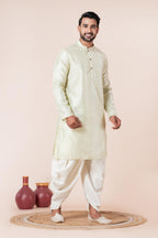 Zavaya Men Green Embroidery Silk Kurta Dhoti Set | Grocsy