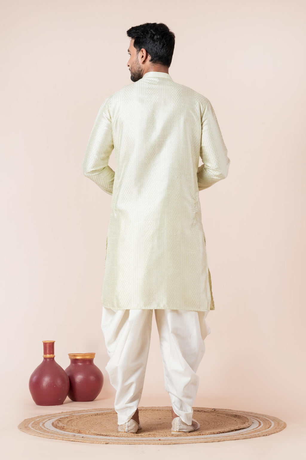 Zavaya Men Green Embroidery Silk Kurta Dhoti Set | Grocsy