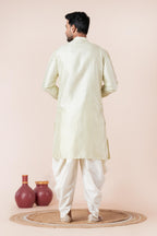 Zavaya Men Green Embroidery Silk Kurta Dhoti Set | Grocsy
