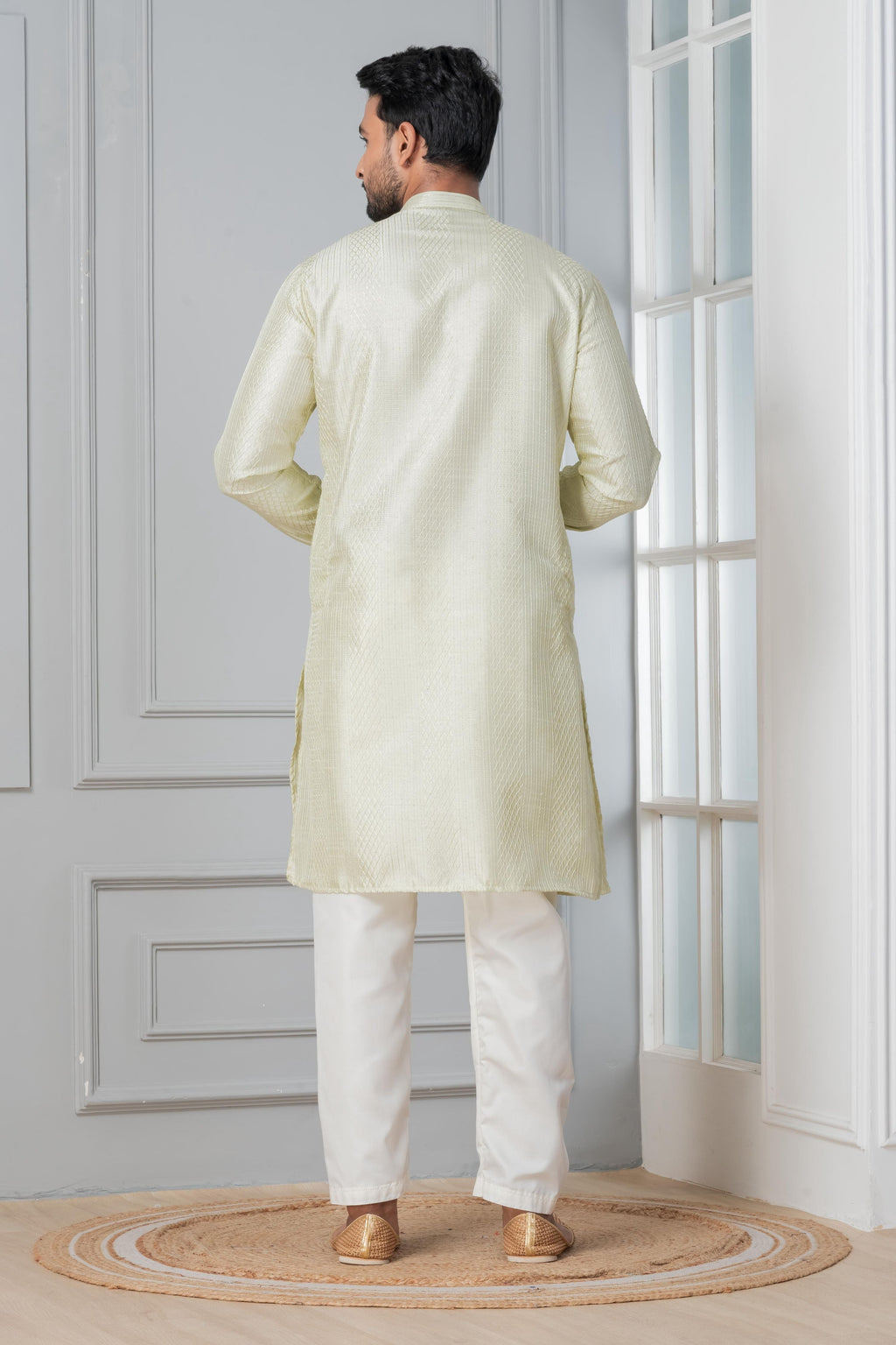Zavaya Men Green Embroidery Silk Kurta Pyjama Set | Grocsy
