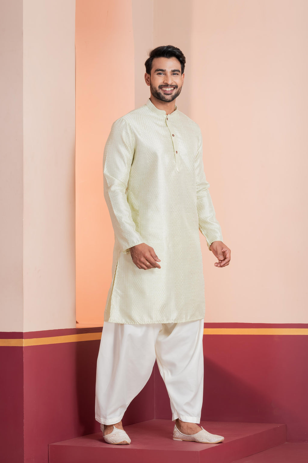 Zavaya Men Green Embroidery Silk Kurta Patiala Set | Grocsy