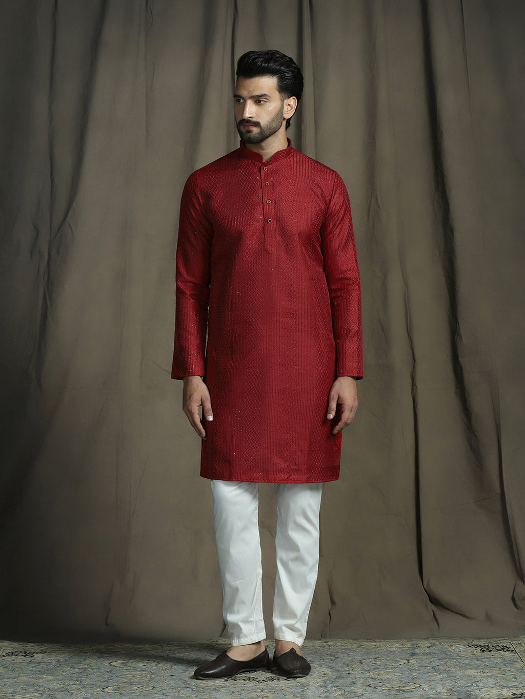 Zavaya Men Red Embroidery Silk Kurta for Men | Grocsy