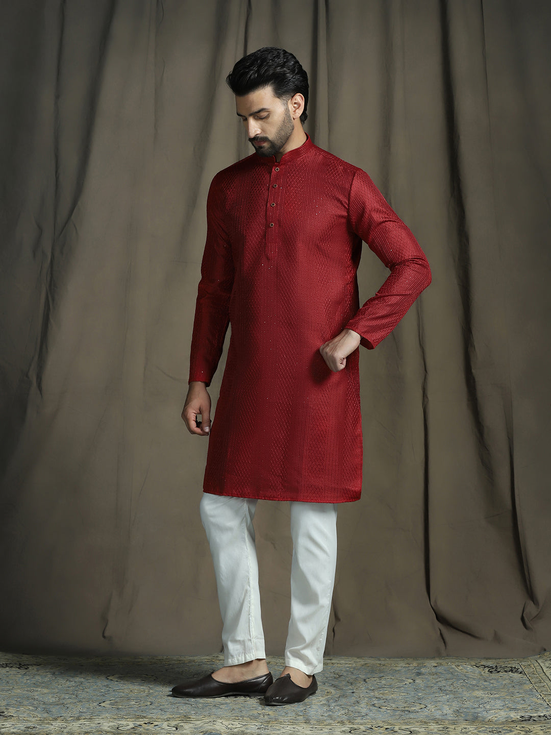Zavaya Red Embroidery Silk Blend Kurta Pyjama Set for Men | Grocsy