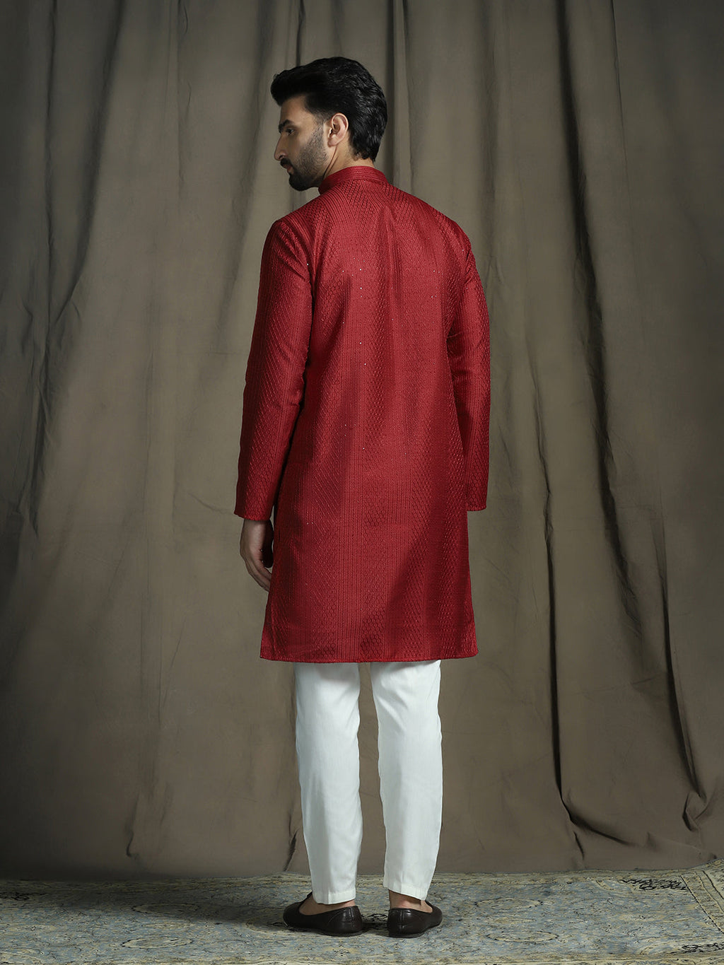 Zavaya Red Embroidery Silk Blend Kurta Pyjama Set for Men | Grocsy