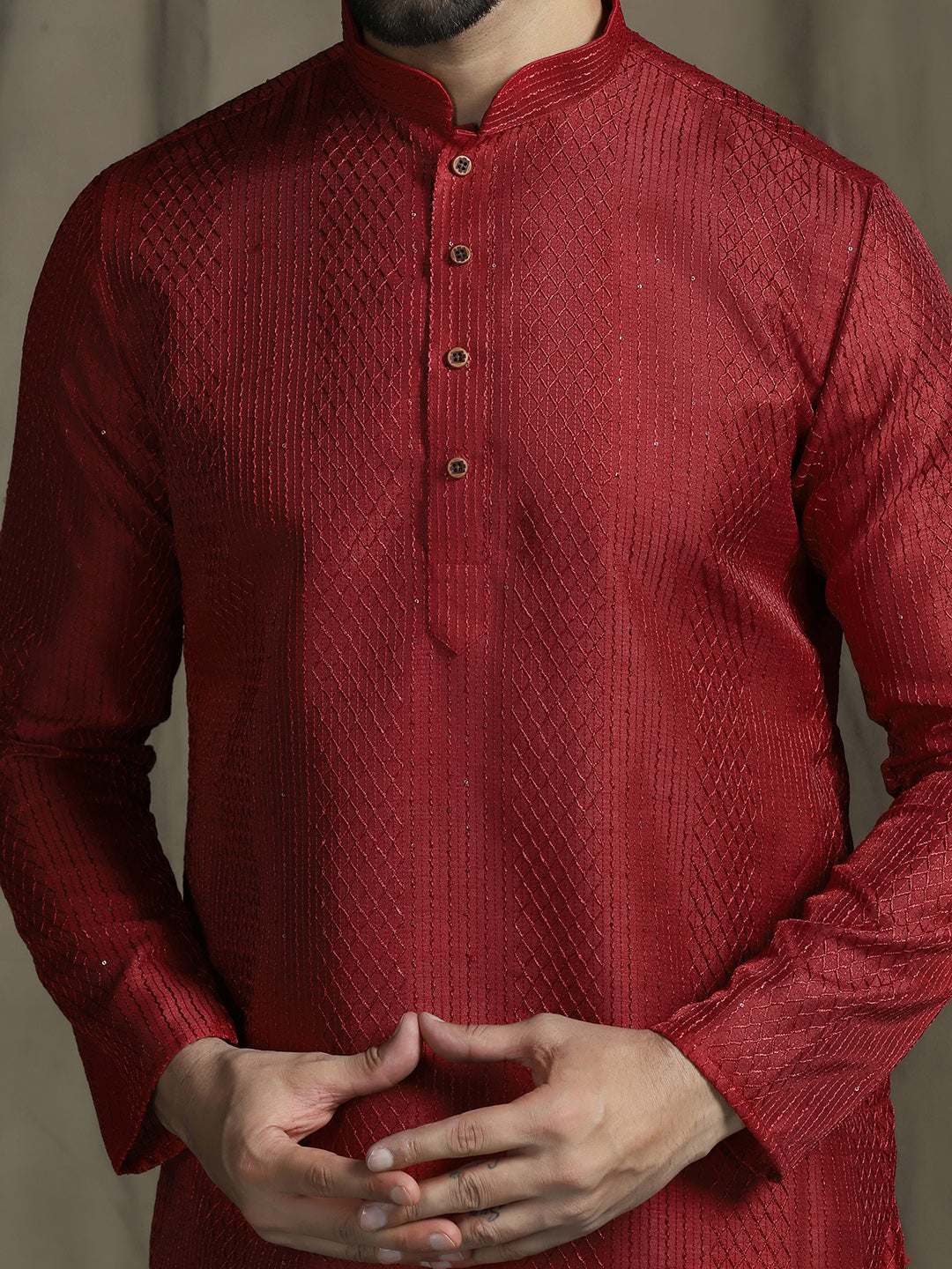 Zavaya Men Red Embroidery Silk Kurta for Men | Grocsy