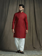 Zavaya Red Embroidery Silk Blend Kurta Patiala Set for Men | Grocsy
