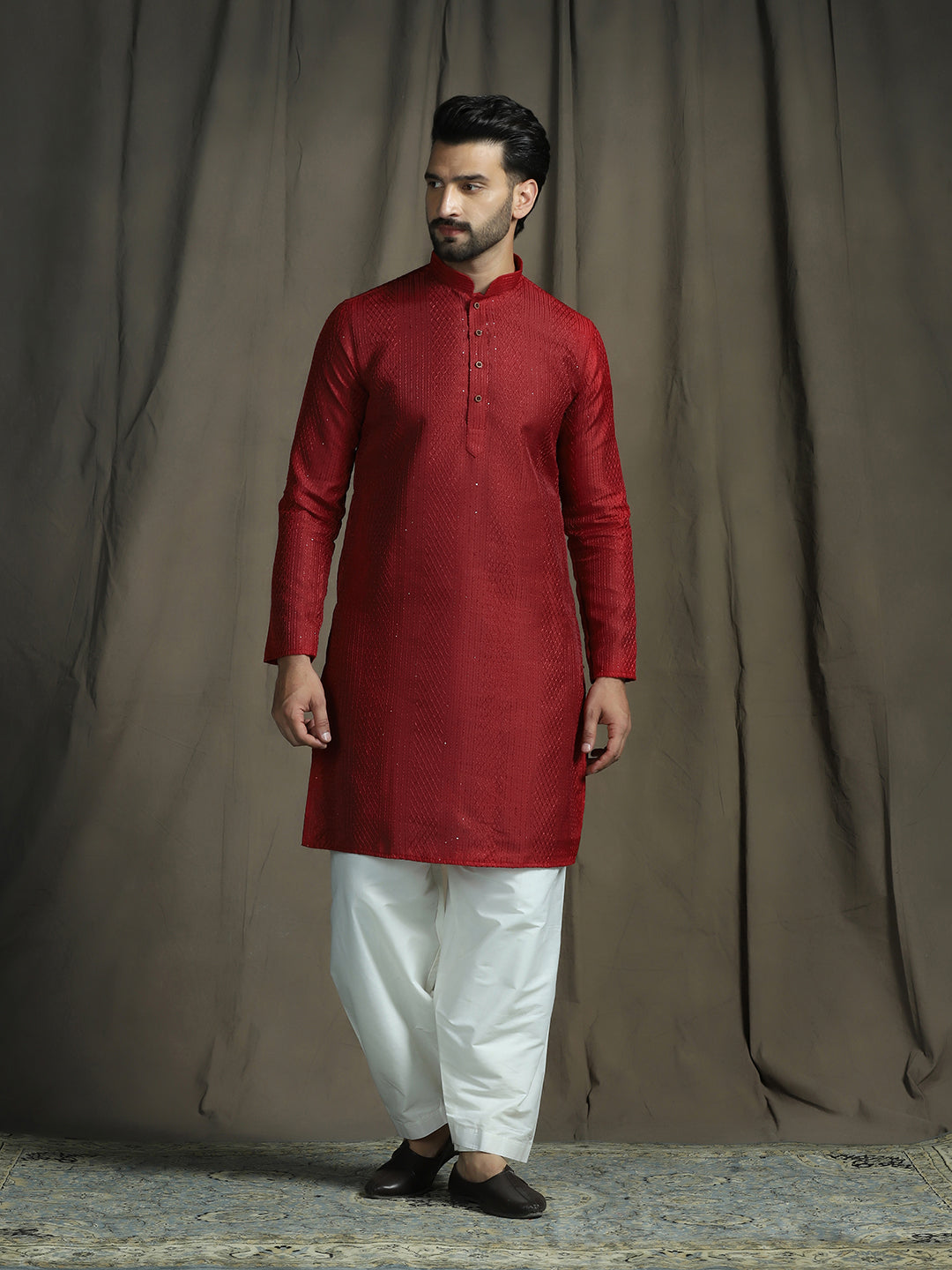 Zavaya Red Embroidery Silk Blend Kurta Patiala Set for Men | Grocsy