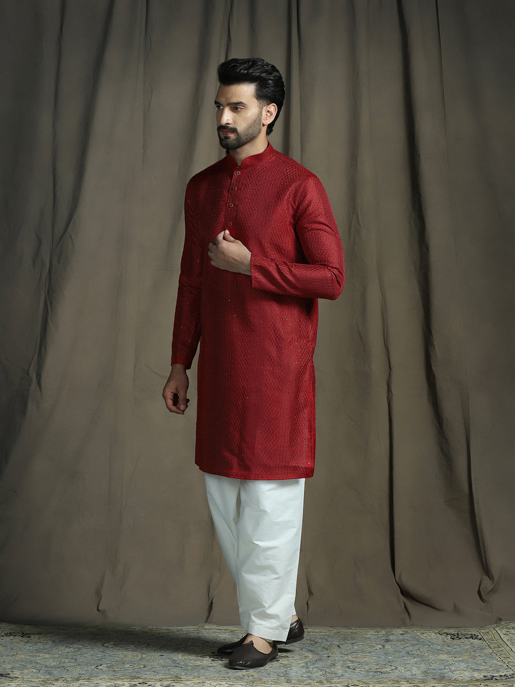 Zavaya Red Embroidery Silk Blend Kurta Patiala Set for Men | Grocsy