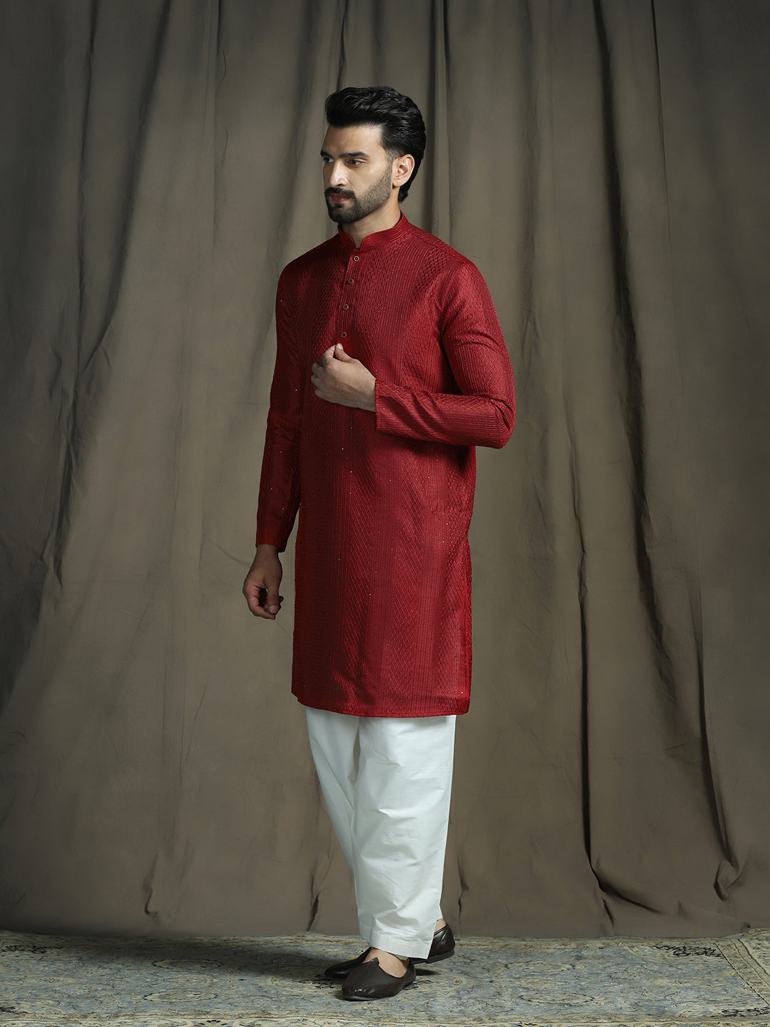Zavaya Red Embroidery Silk Blend Kurta Patiala Set for Men | Grocsy