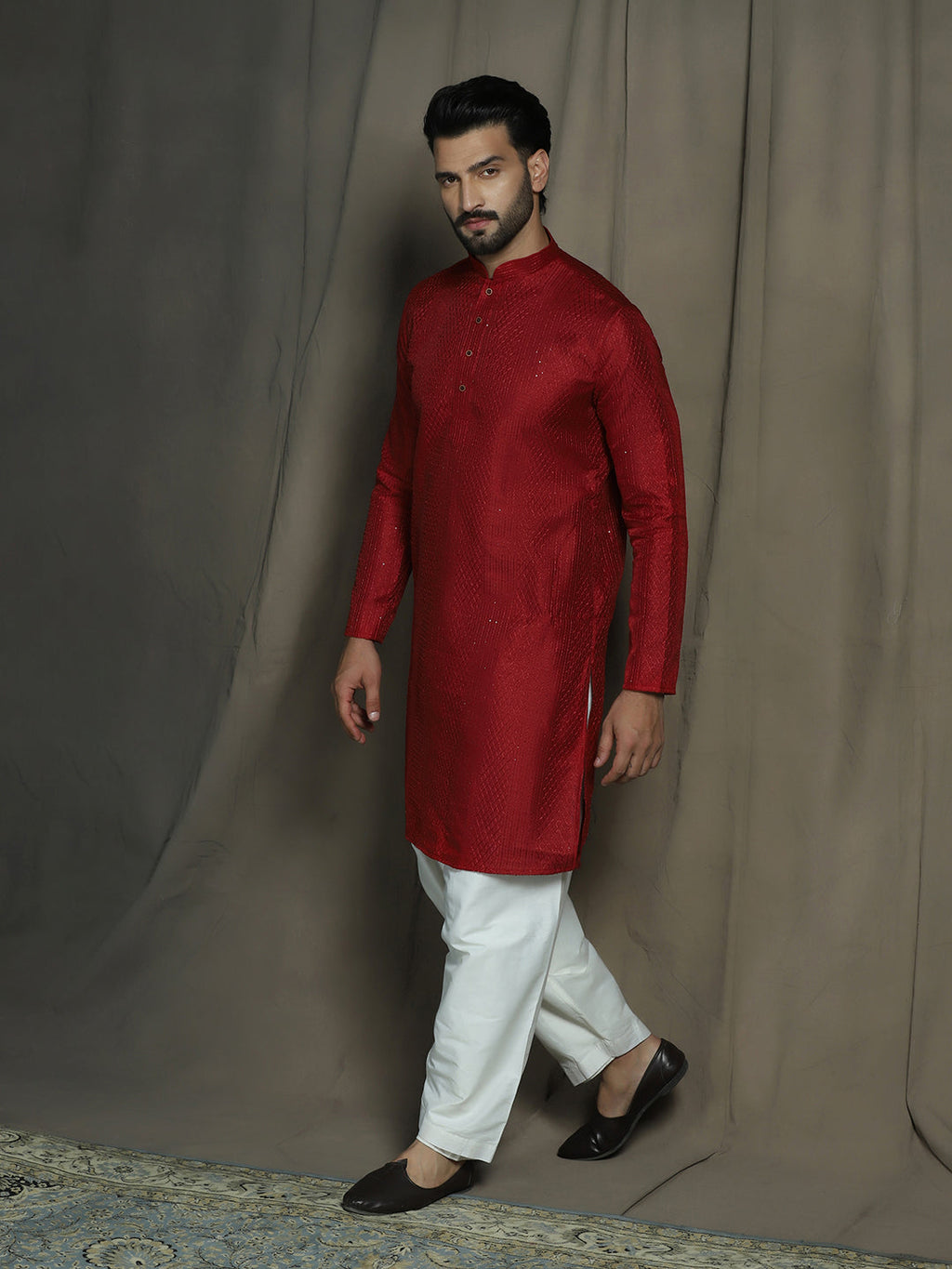 Zavaya Red Embroidery Silk Blend Kurta Patiala Set for Men | Grocsy