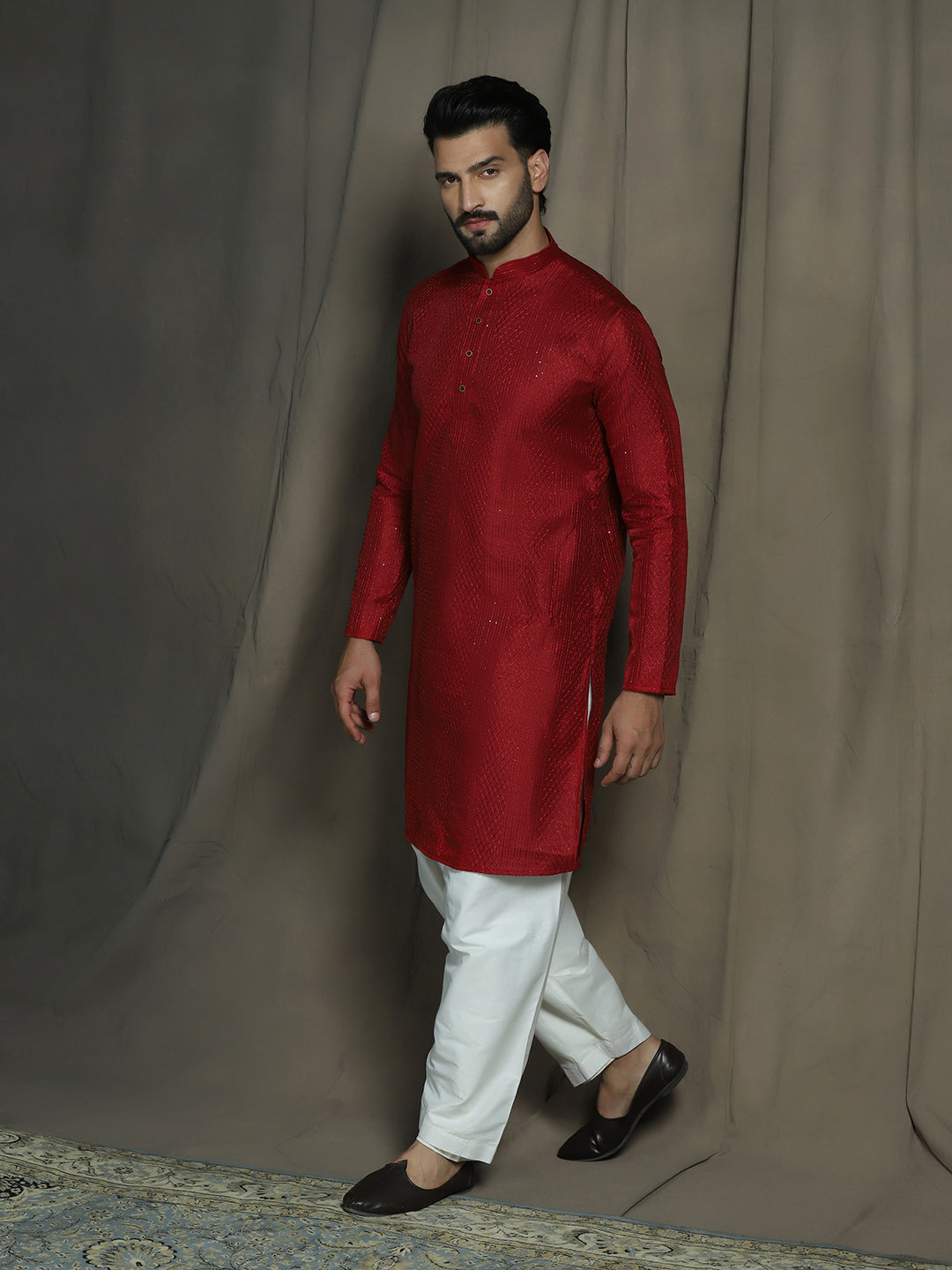 Zavaya Red Embroidery Silk Blend Kurta Patiala Set for Men | Grocsy