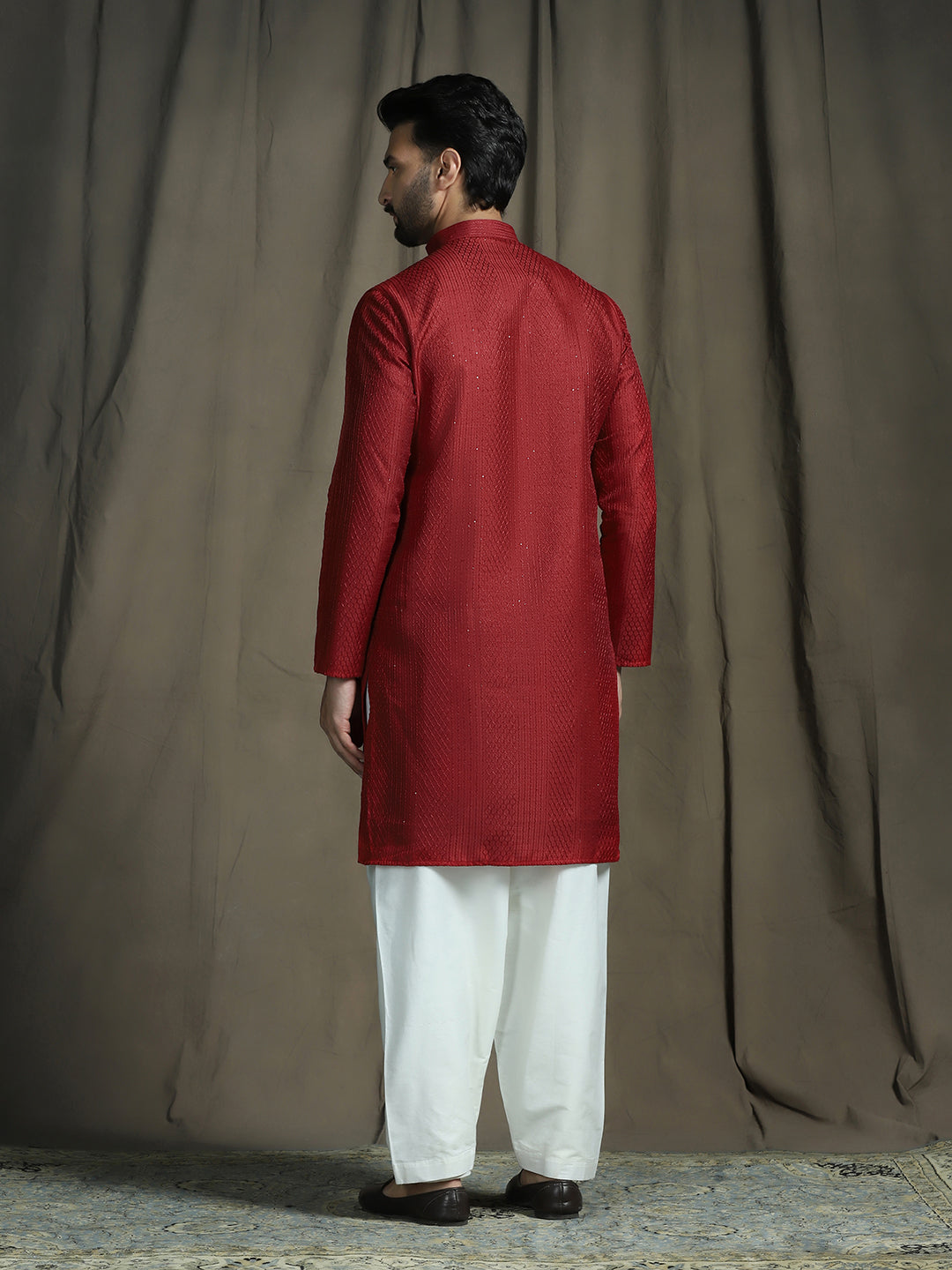 Zavaya Red Embroidery Silk Blend Kurta Patiala Set for Men | Grocsy