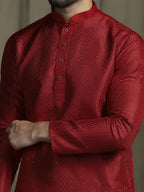 Zavaya Red Embroidery Silk Blend Kurta Patiala Set for Men | Grocsy