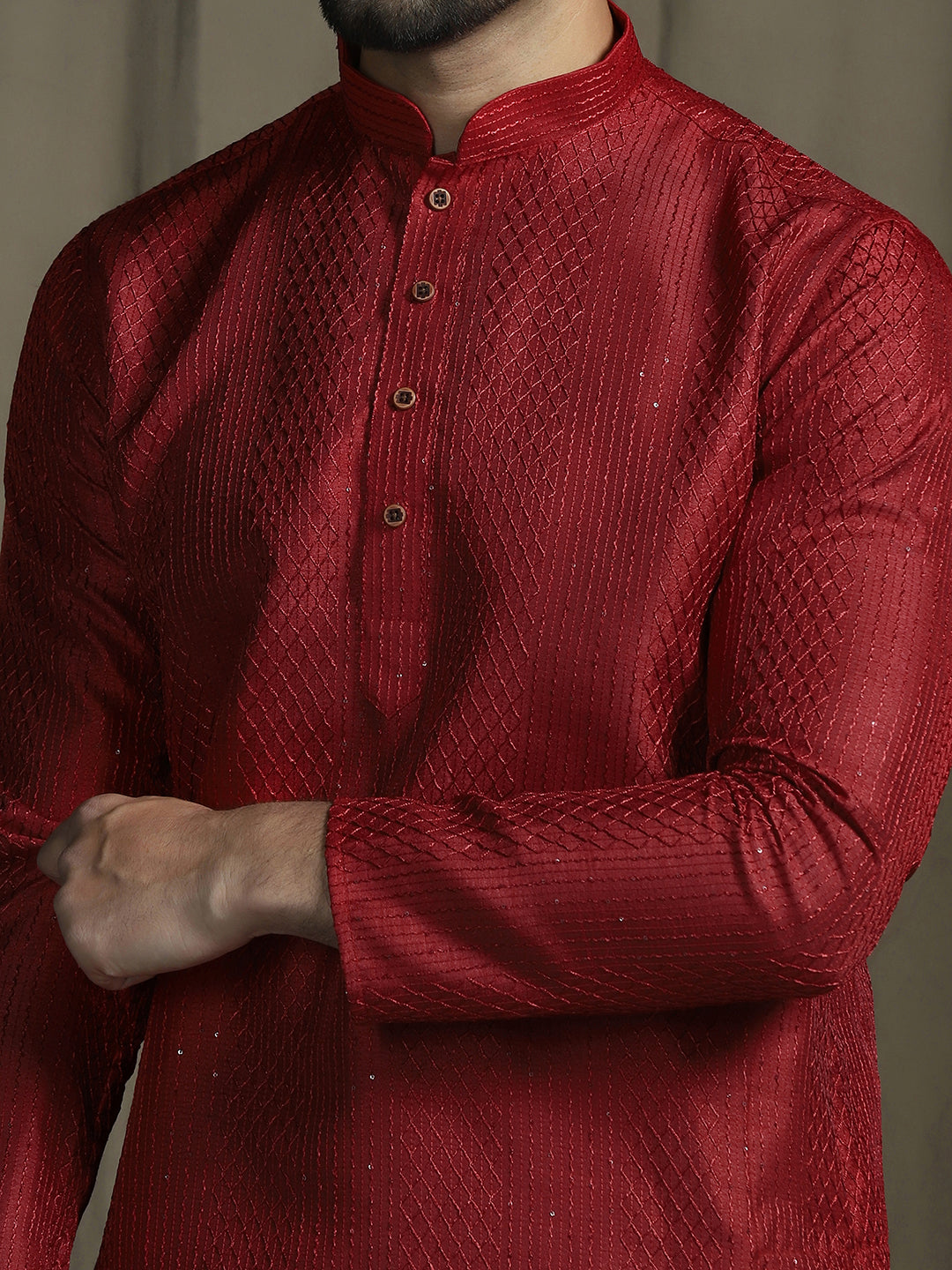 Zavaya Red Embroidery Silk Blend Kurta Patiala Set for Men | Grocsy