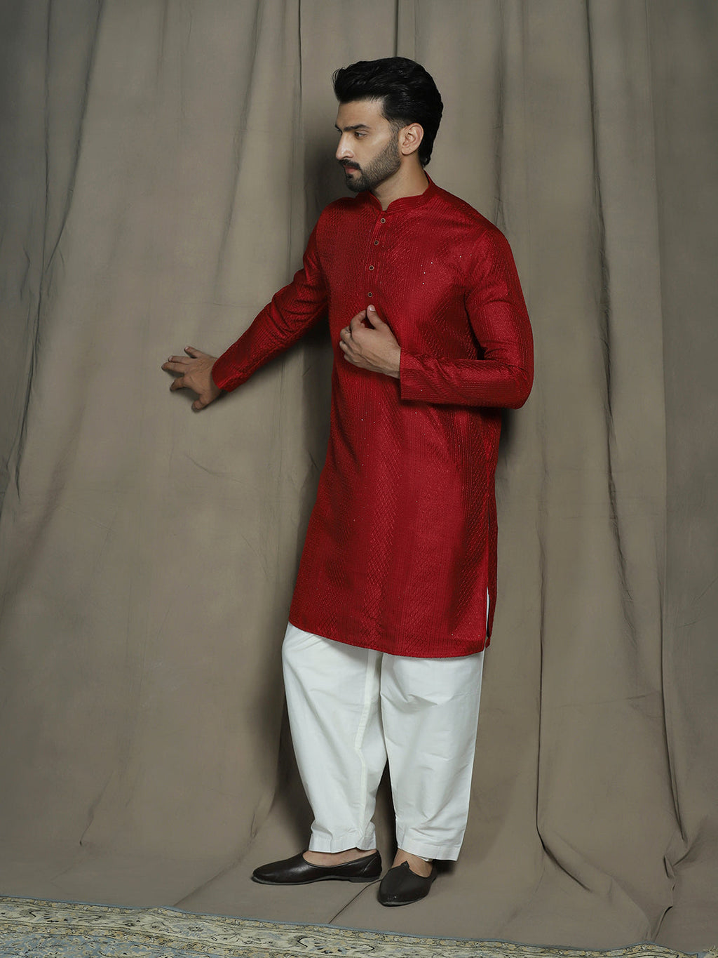 Zavaya Red Embroidery Silk Blend Kurta Patiala Set for Men | Grocsy