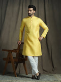 Zavaya Men Yellow Embroidery Silk Kurta | Grocsy