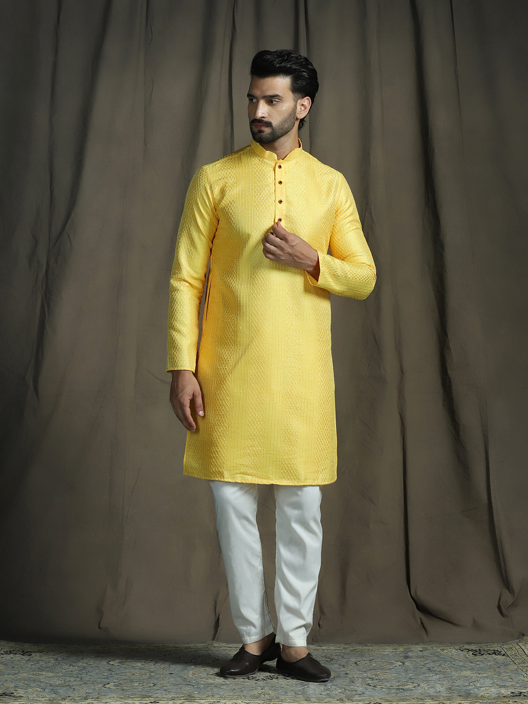 Zavaya Yellow Embroidery Silk Blend Kurta Pyjama Set for Men | Grocsy