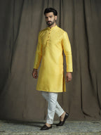 Zavaya Men Yellow Embroidery Silk Kurta | Grocsy