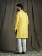 Zavaya Men Yellow Embroidery Silk Kurta | Grocsy