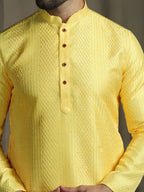 Zavaya Men Yellow Embroidery Silk Kurta | Grocsy