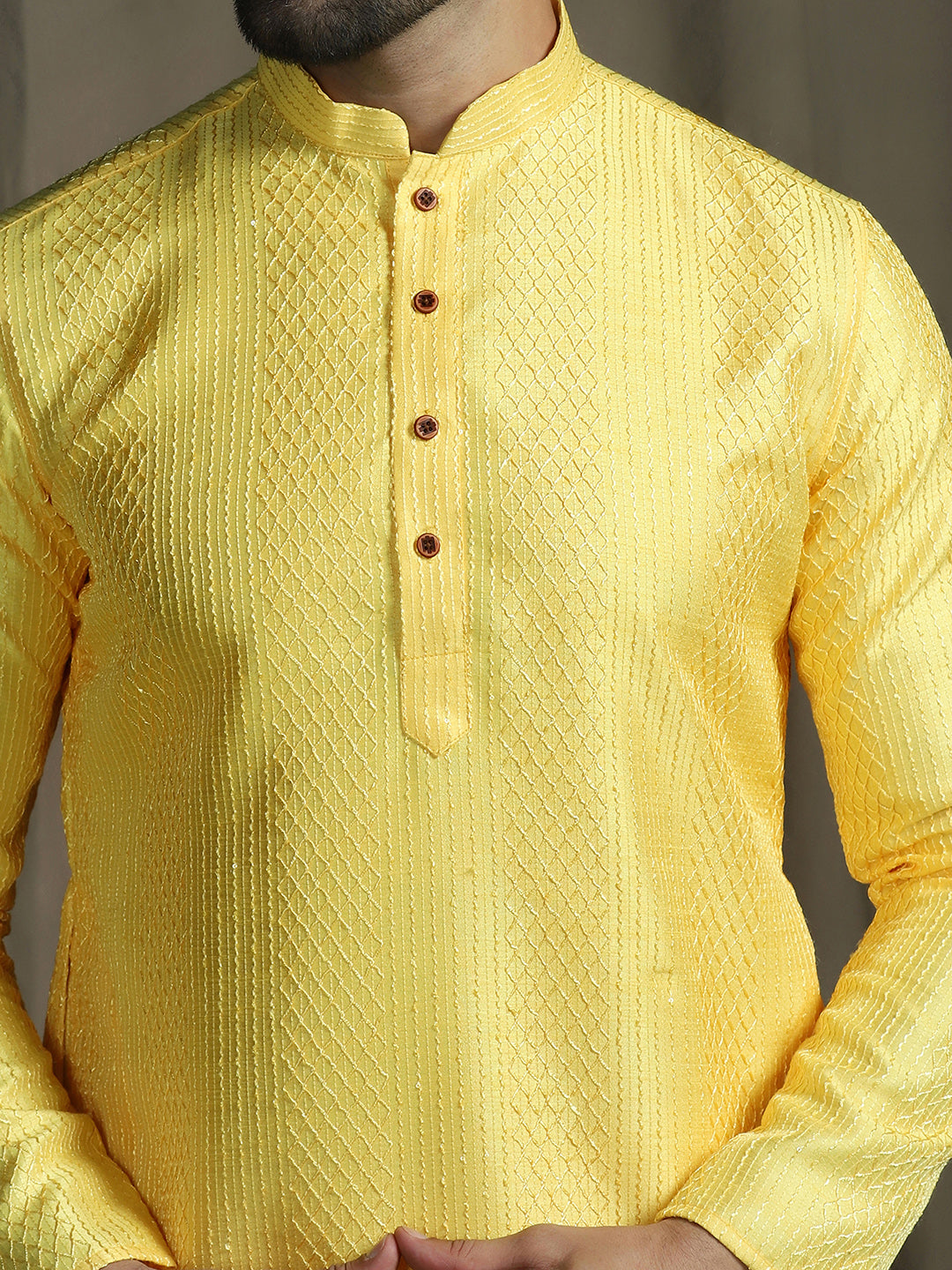 Zavaya Men Yellow Embroidery Silk Kurta | Grocsy