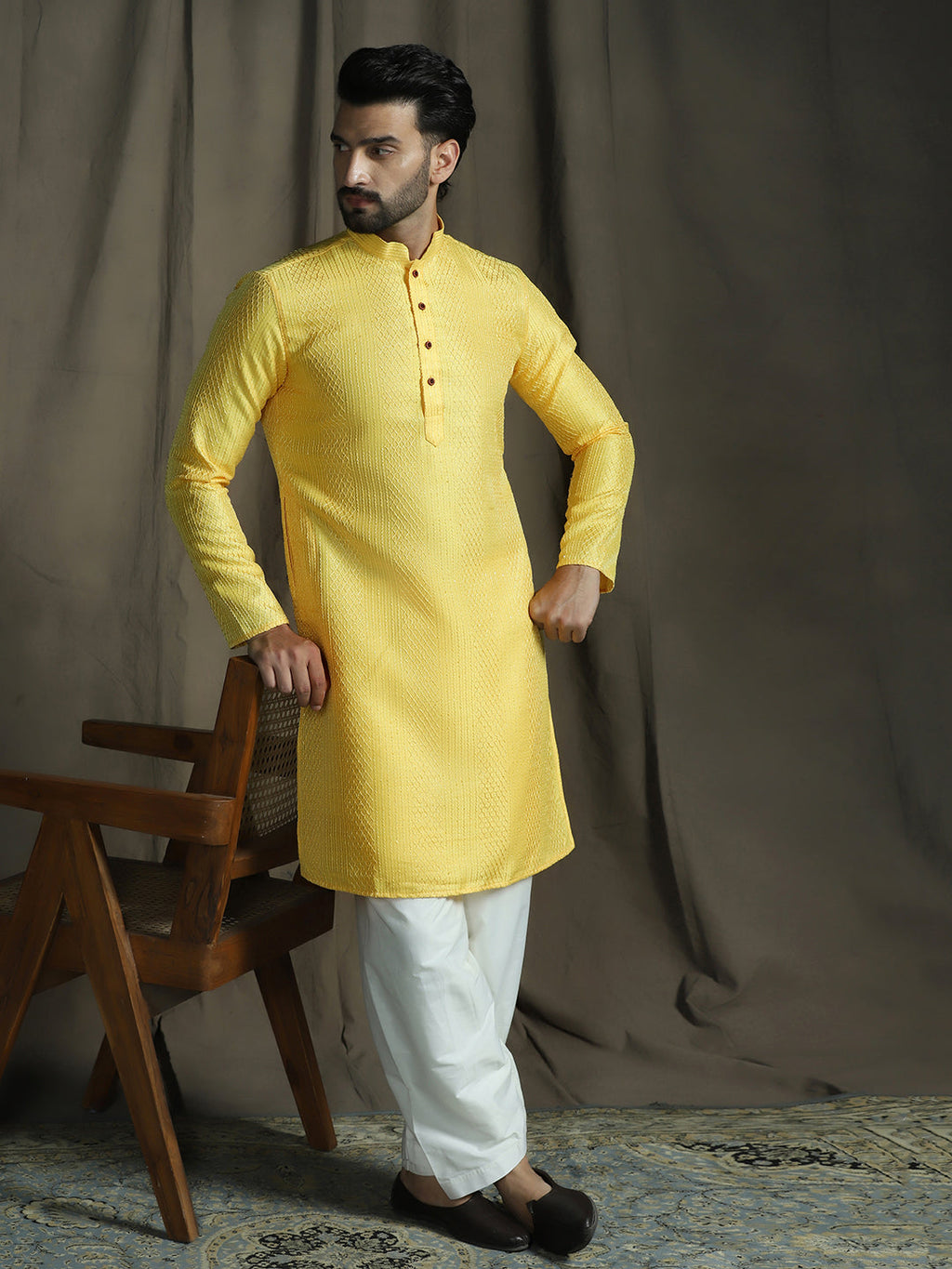 Zavaya Yellow Embroidery Silk Blend Kurta Patiala Set for Men | Grocsy