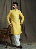 Zavaya Yellow Embroidery Silk Blend Kurta Patiala Set for Men | Grocsy