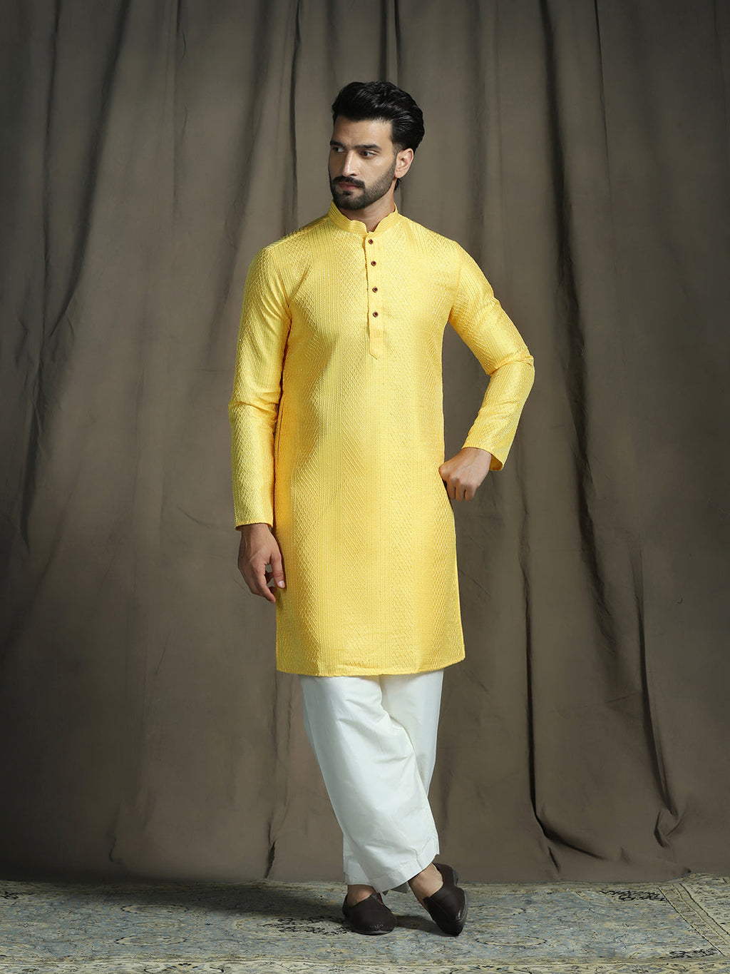 Zavaya Yellow Embroidery Silk Blend Kurta Patiala Set for Men | Grocsy