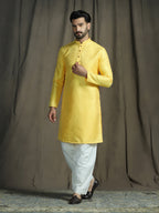 Zavaya Yellow Embroidery Silk Blend Kurta Patiala Set for Men | Grocsy