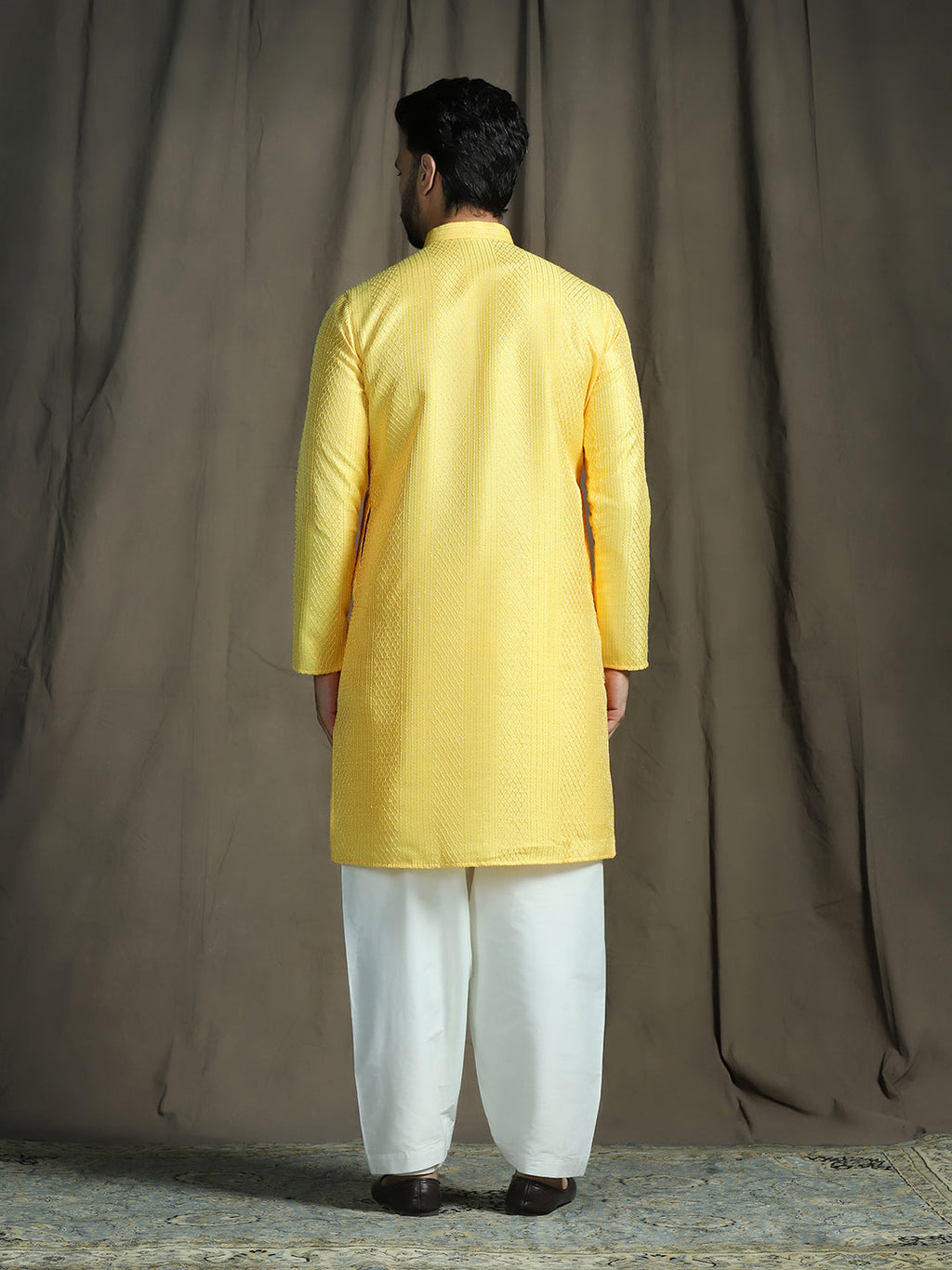 Zavaya Yellow Embroidery Silk Blend Kurta Patiala Set for Men | Grocsy