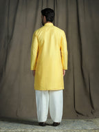 Zavaya Yellow Embroidery Silk Blend Kurta Patiala Set for Men | Grocsy