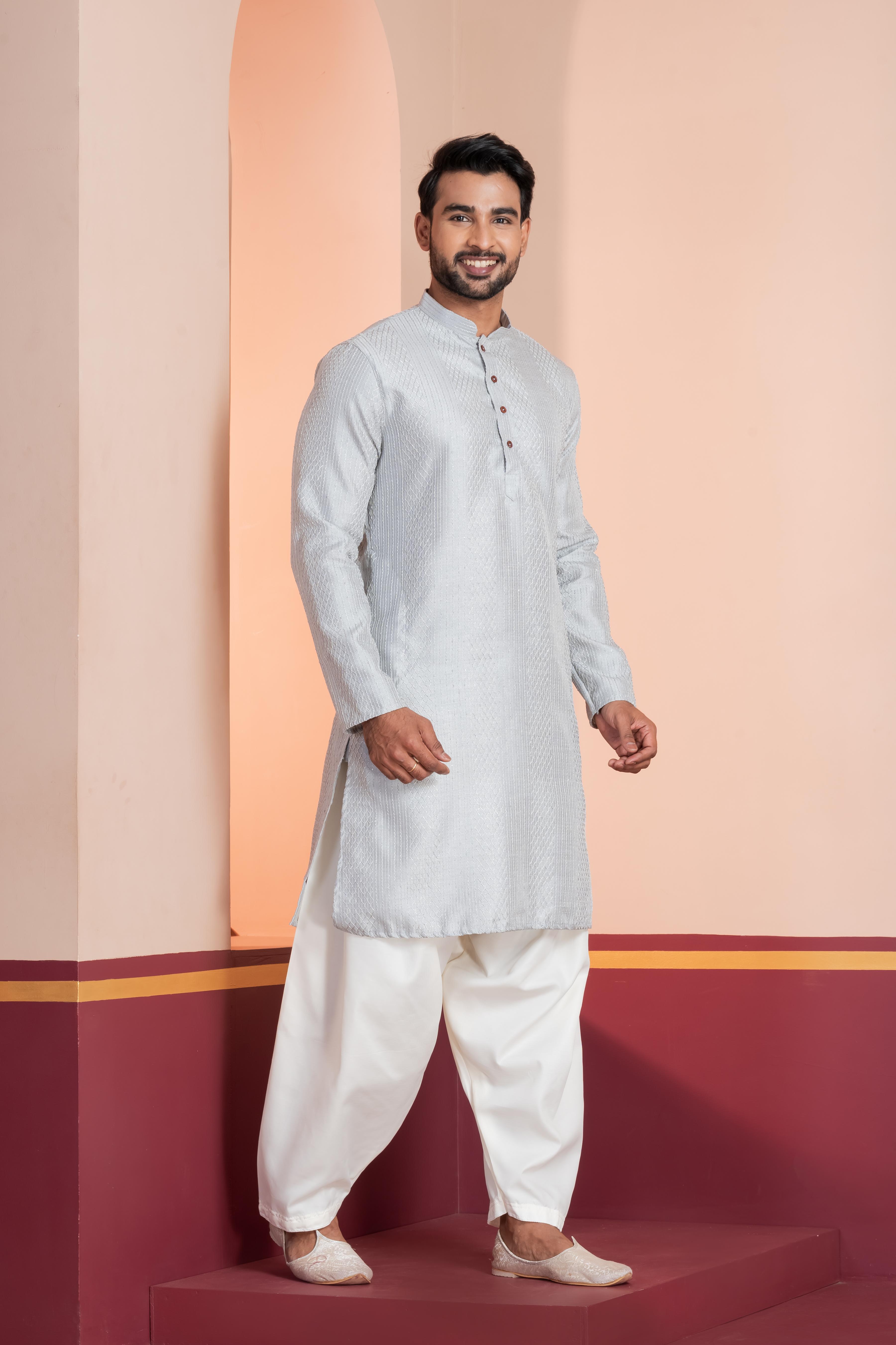Zavaya Men Grey Embroidery Silk Kurta | Grocsy
