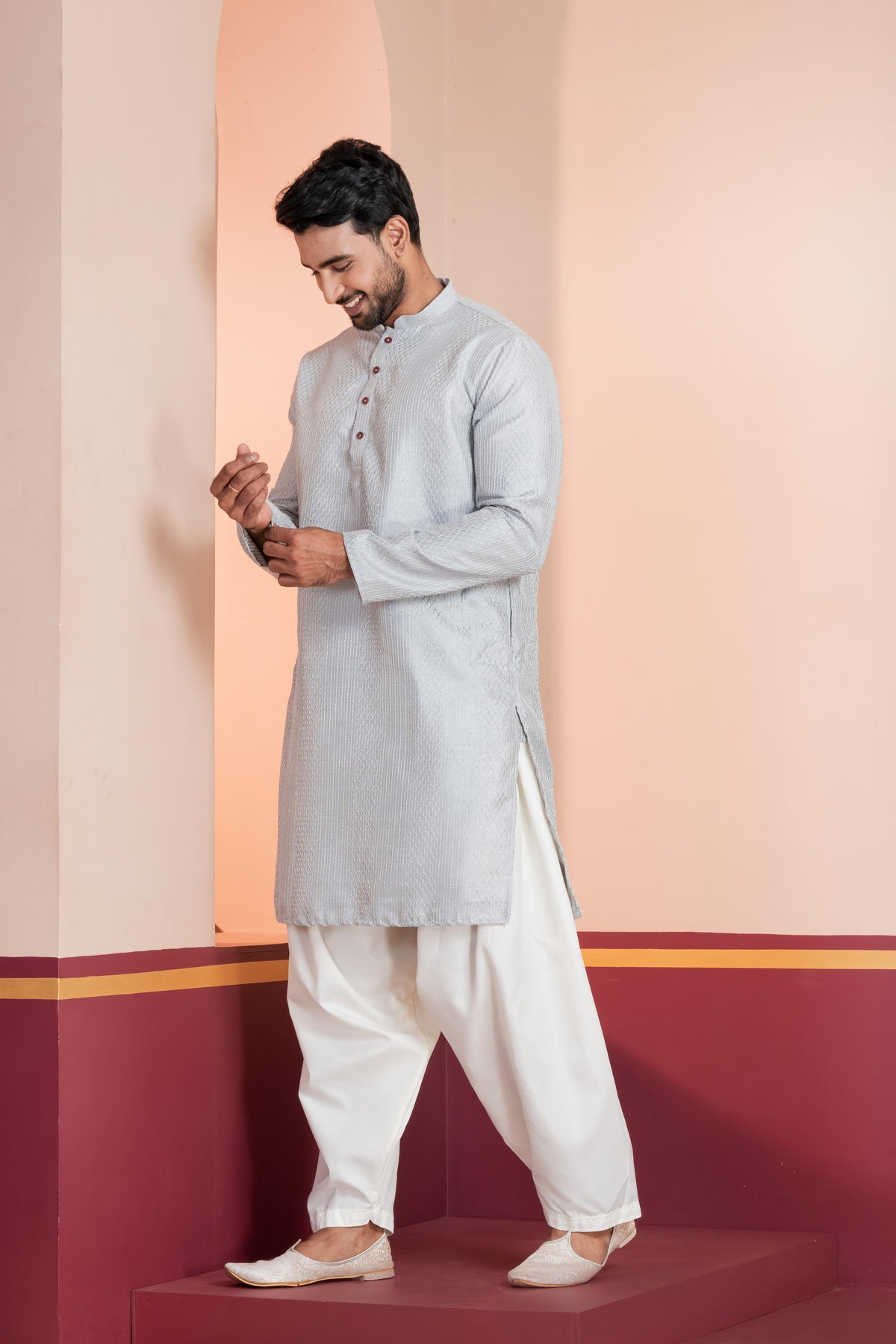 Zavaya Men Grey Embroidery Silk Kurta | Grocsy