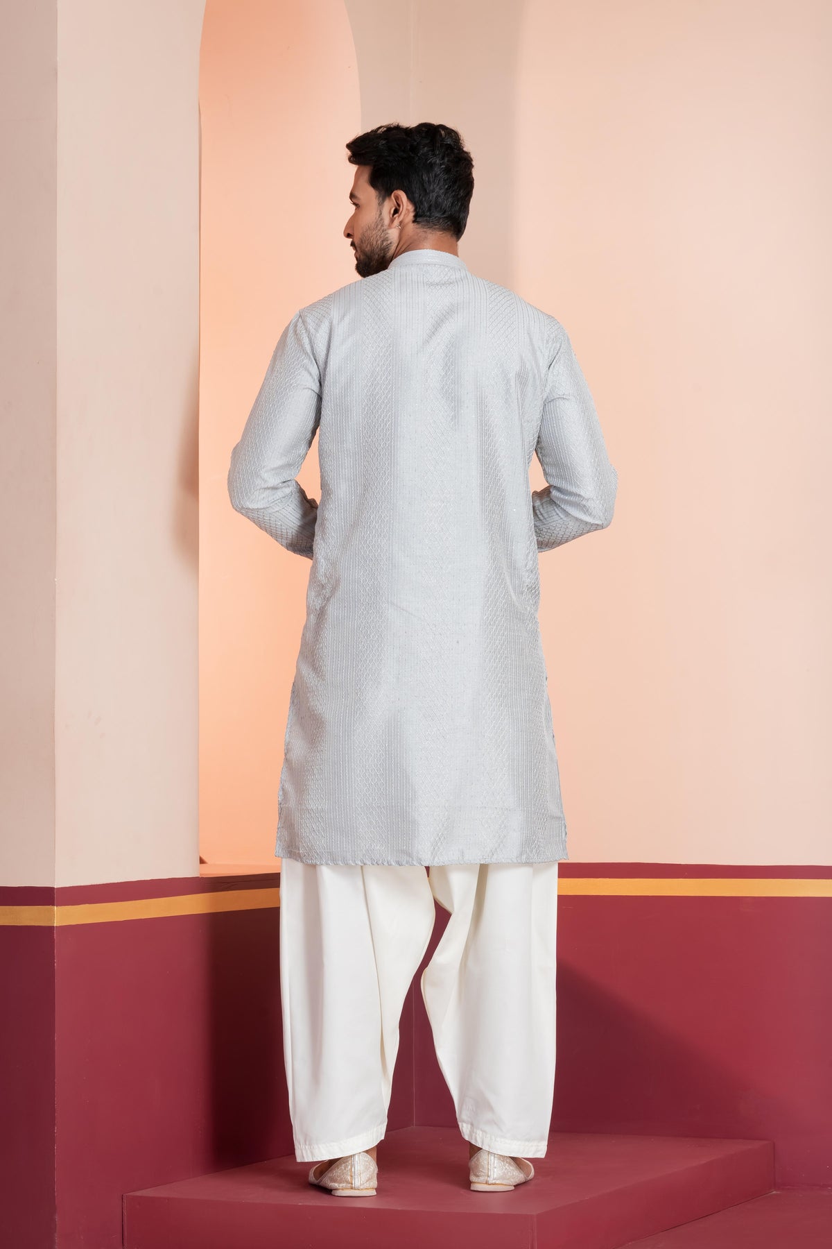 Zavaya Men Grey Embroidery Silk Kurta | Grocsy