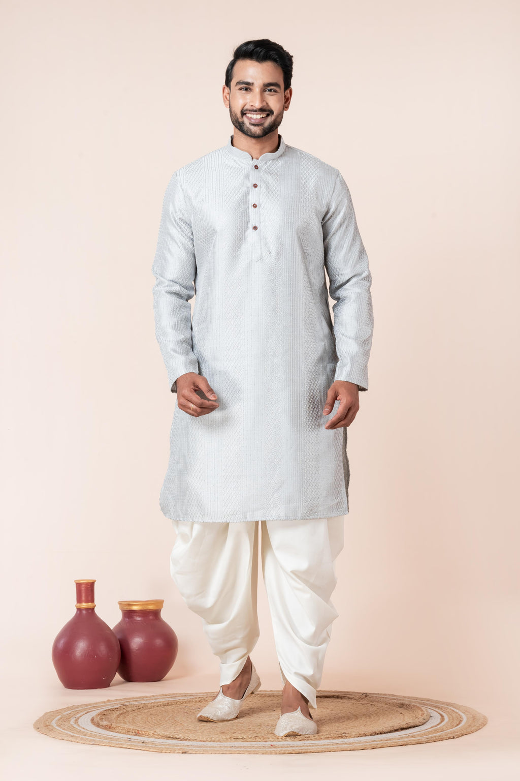 Zavaya Men Grey Embroidery Silk Kurta Dhoti Set | Grocsy