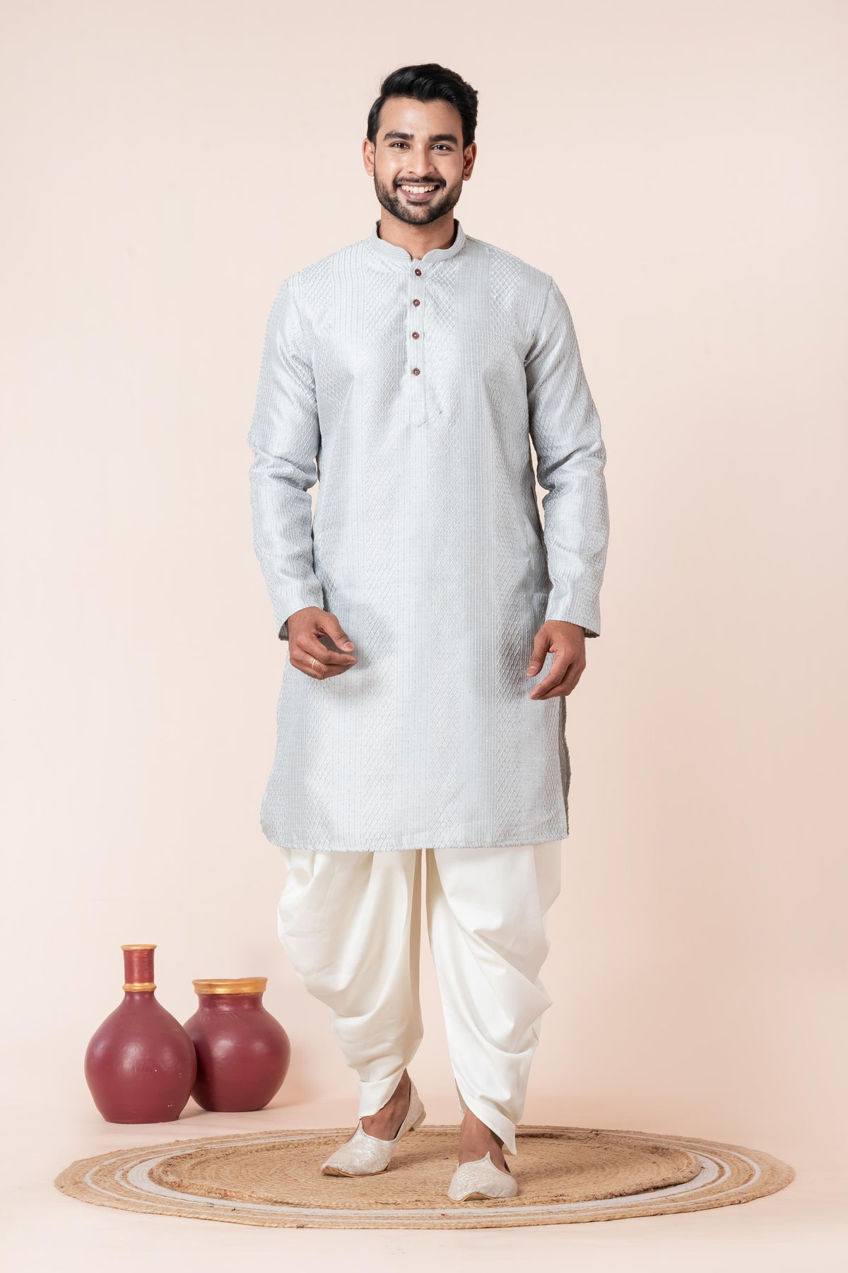 Zavaya Men Grey Embroidery Silk Kurta Dhoti Set | Grocsy