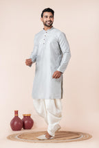 Zavaya Men Grey Embroidery Silk Kurta Dhoti Set | Grocsy