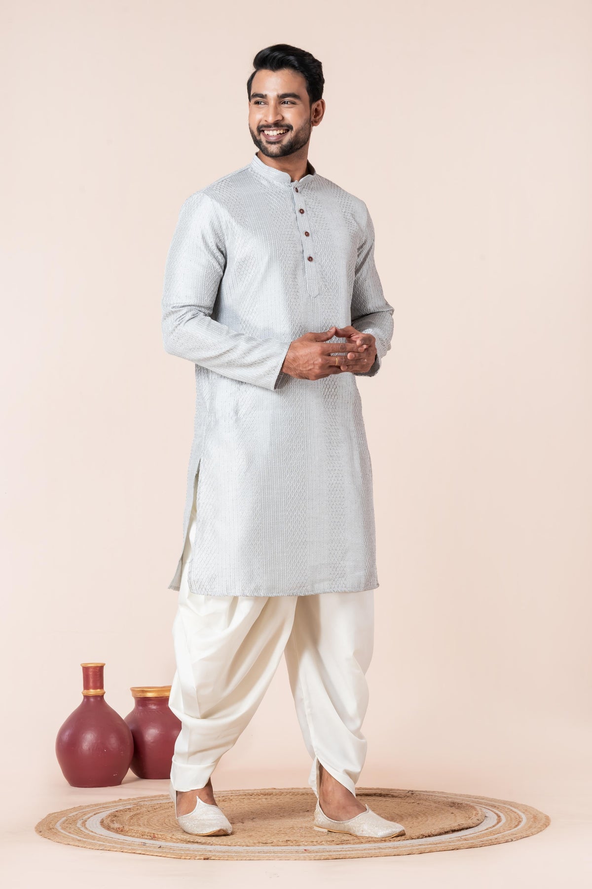 Zavaya Men Grey Embroidery Silk Kurta Dhoti Set | Grocsy