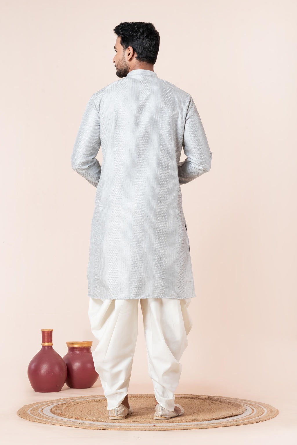 Zavaya Men Grey Embroidery Silk Kurta Dhoti Set | Grocsy