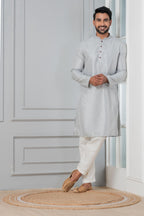 Zavaya Men Grey Embroidery Silk Kurta Pyjama Set | Grocsy