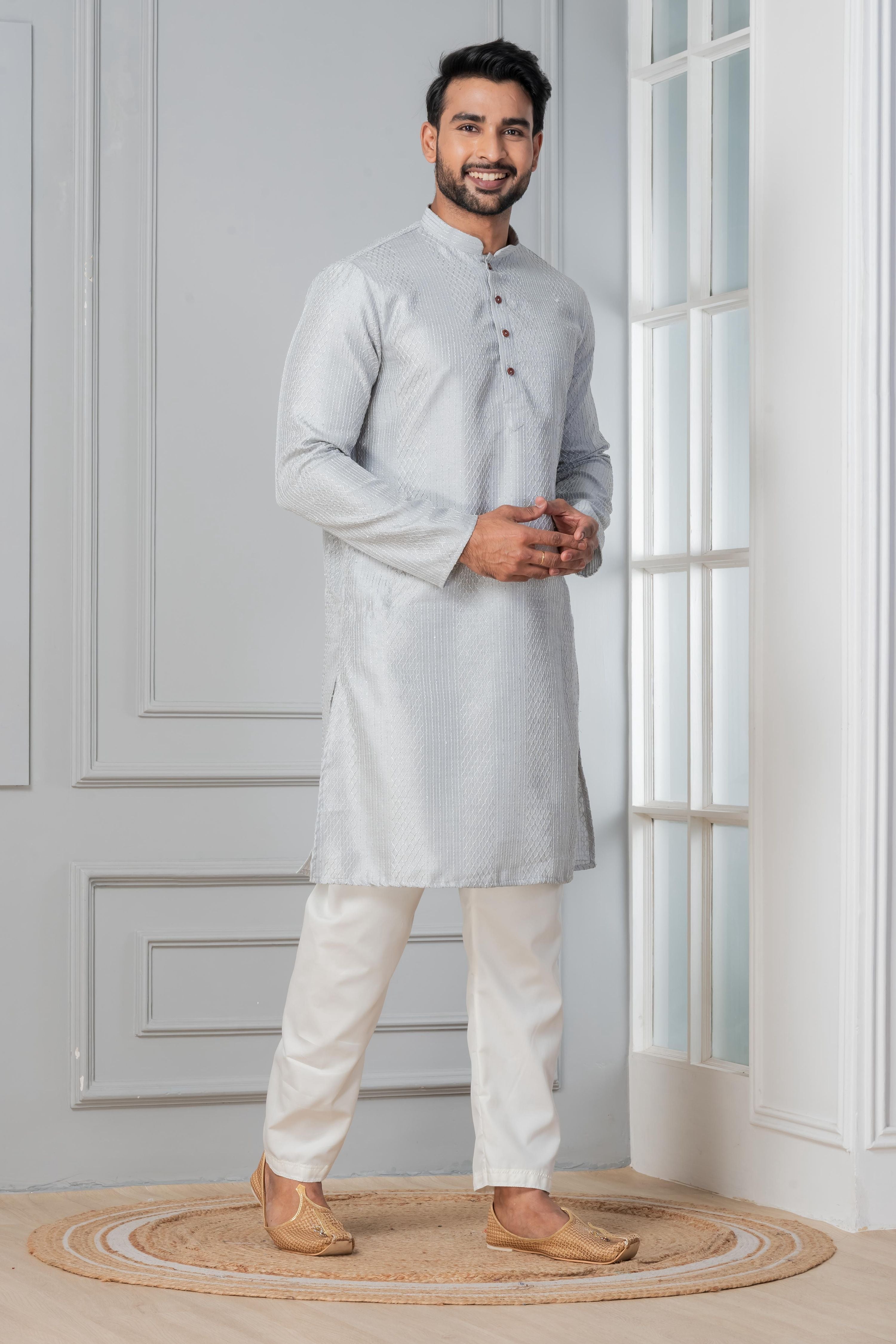 Zavaya Men Grey Embroidery Silk Kurta Pyjama Set | Grocsy