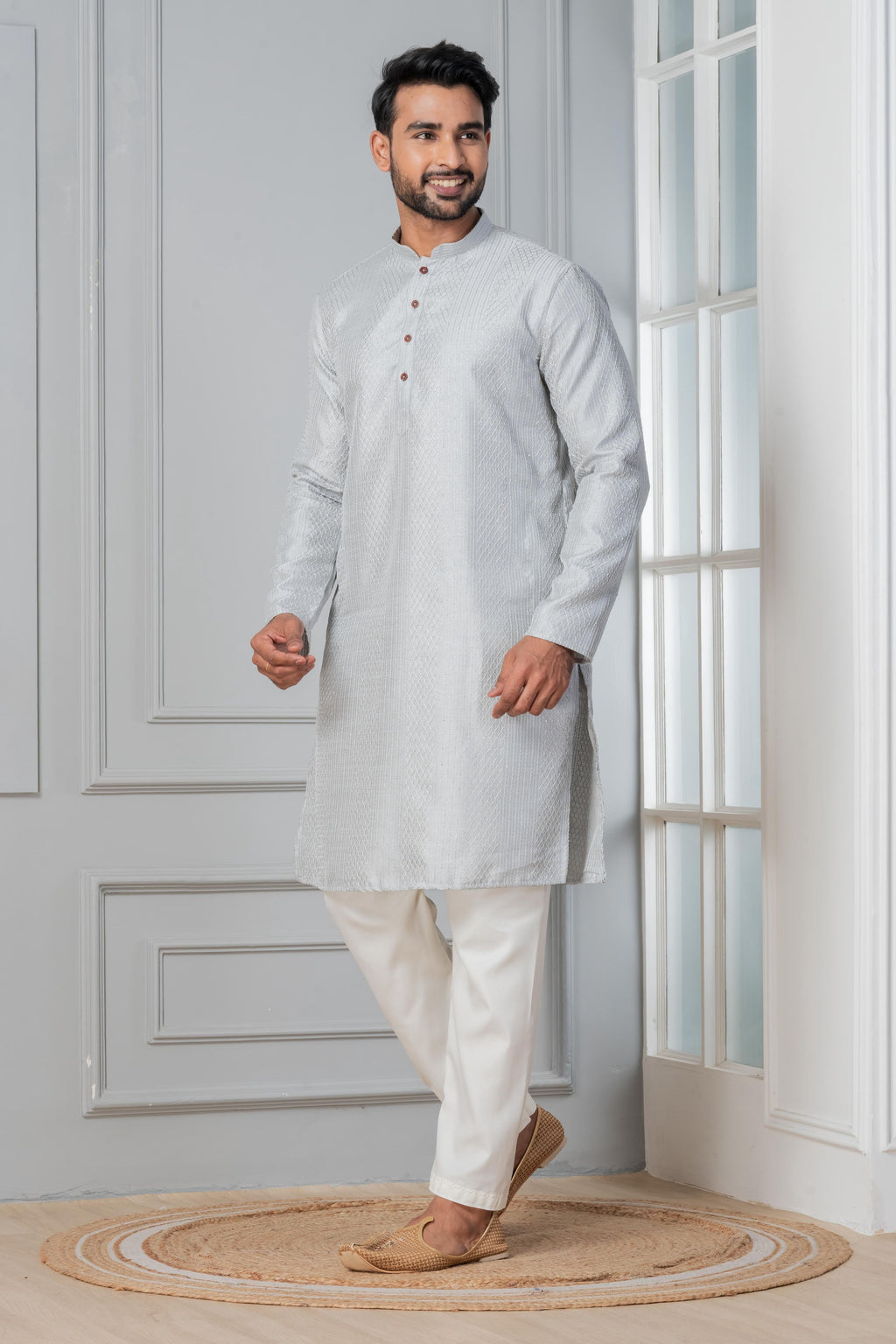 Zavaya Men Grey Embroidery Silk Kurta Pyjama Set | Grocsy