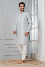 Zavaya Men Grey Embroidery Silk Kurta Pyjama Set | Grocsy