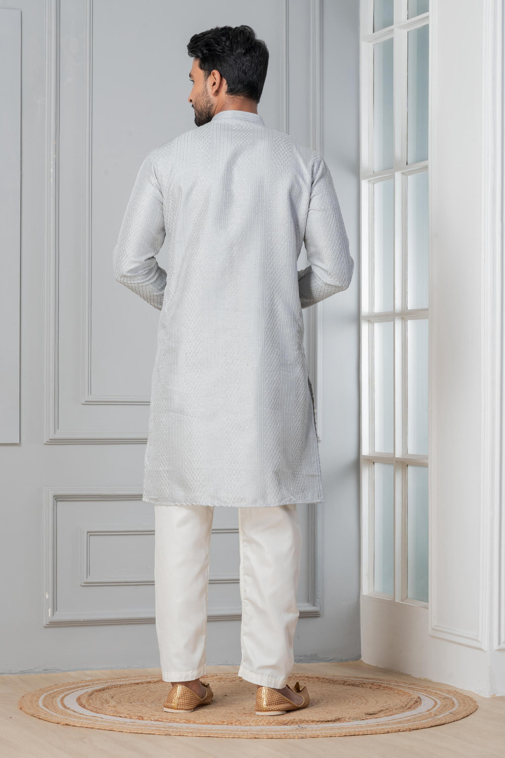 Zavaya Men Grey Embroidery Silk Kurta Pyjama Set | Grocsy