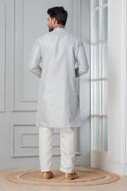 Zavaya Men Grey Embroidery Silk Kurta Pyjama Set | Grocsy