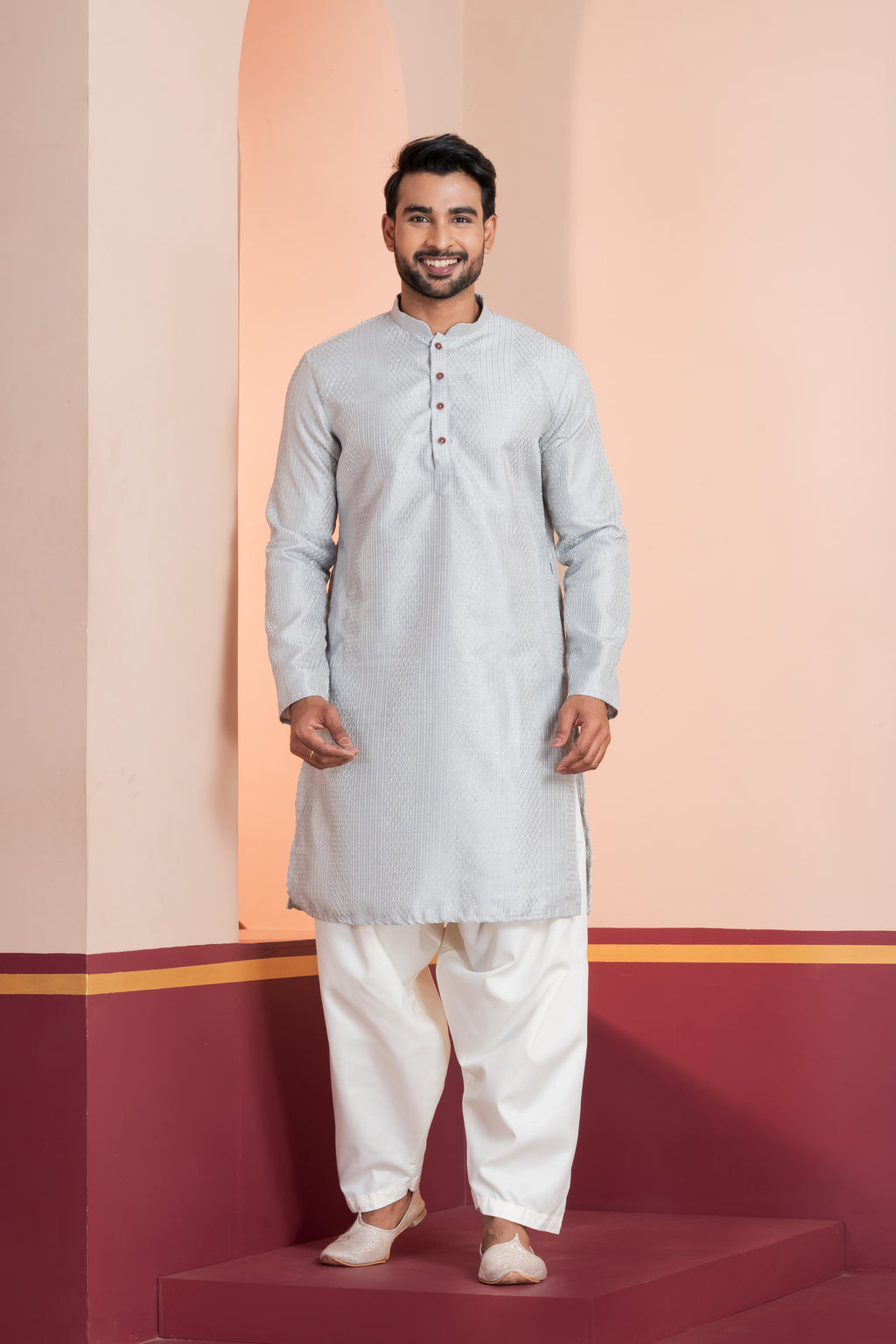 Zavaya Men Grey Embroidery Silk Kurta Patiala Set | Grocsy