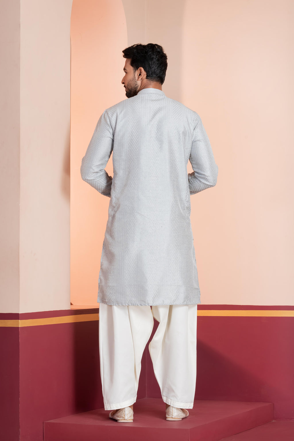 Zavaya Men Grey Embroidery Silk Kurta Patiala Set | Grocsy