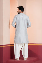 Zavaya Men Grey Embroidery Silk Kurta Patiala Set | Grocsy
