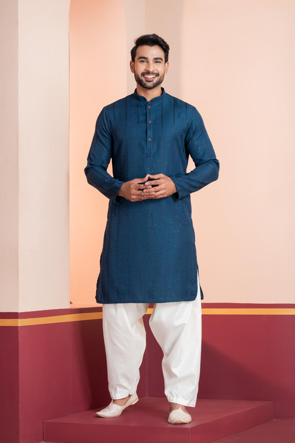 Zavaya Men Blue Embroidery Silk Kurta | Grocsy