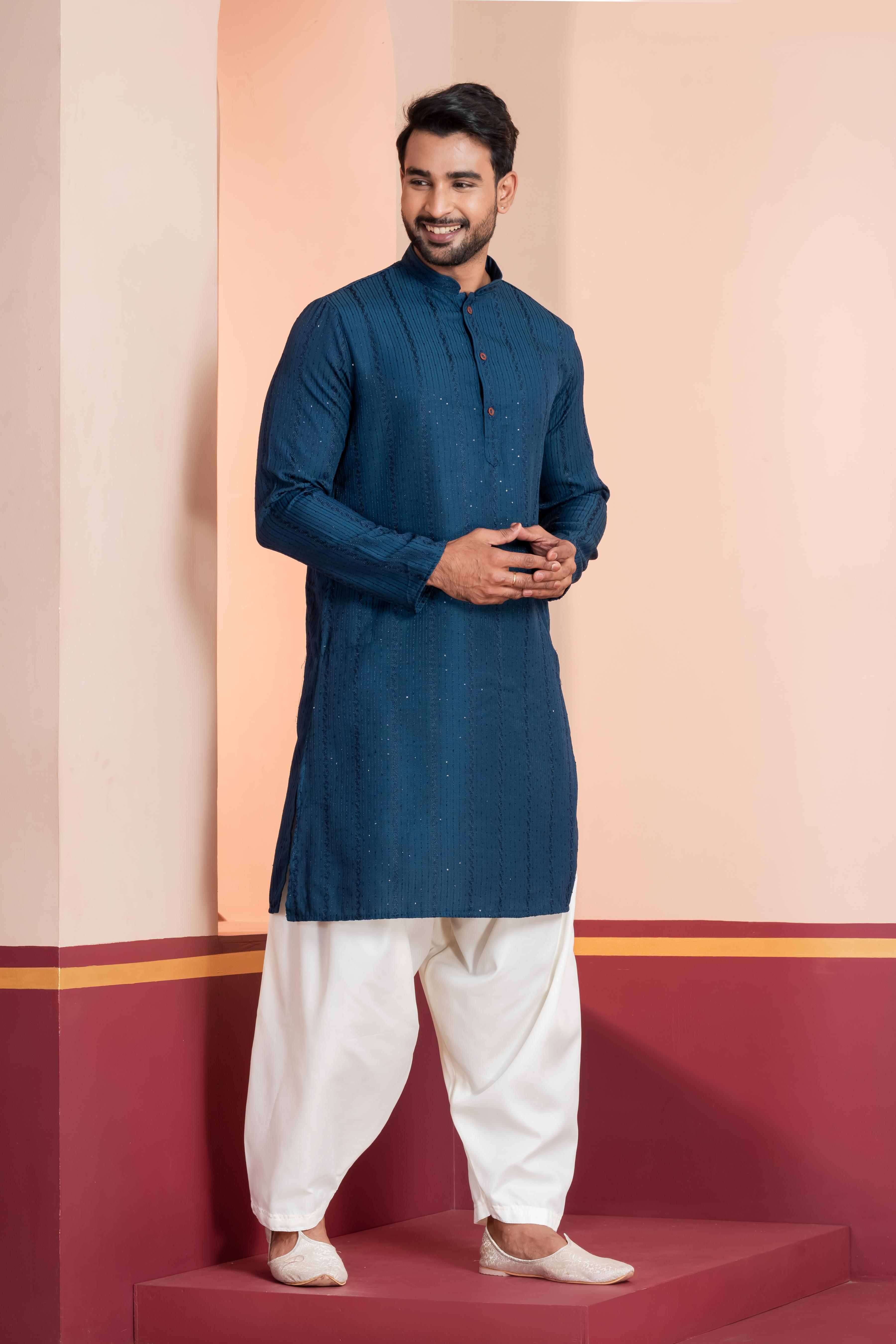 Zavaya Men Blue Embroidery Silk Kurta | Grocsy